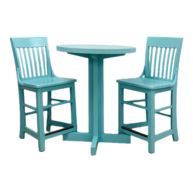 Vintage Bistro Set Turquoise Blue Counter Height Table Two Chairs Outdoor/Indoor For Sale
