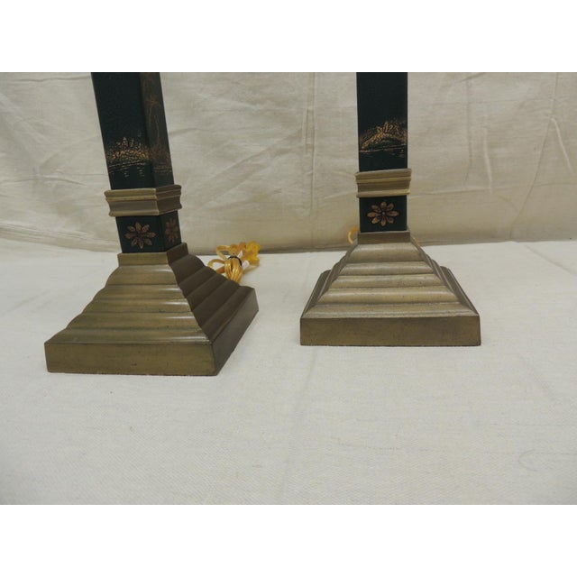 Tall Antique Brass Finished and Hunter green and Gold Leather Wrapped Table Lamps - A Pair Chinoiserie gold scene painted...