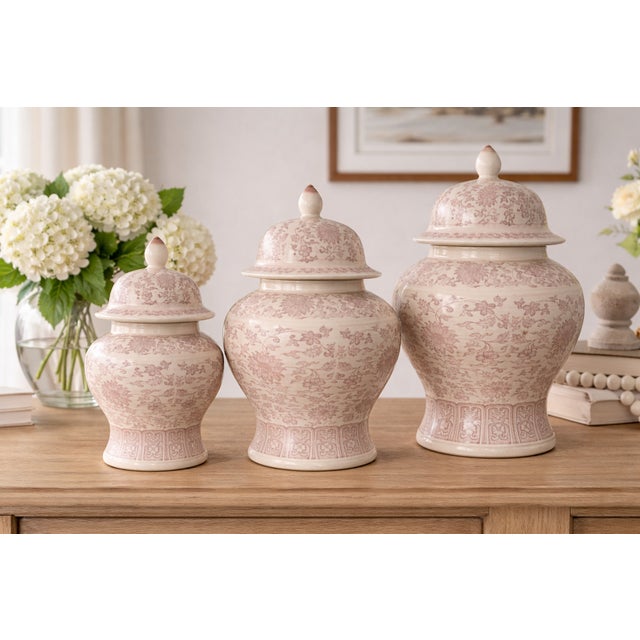 Chinoiserie Dusty Rose Pink Chinoiserie Floral Jar, Set of 3 For Sale - Image 3 of 4