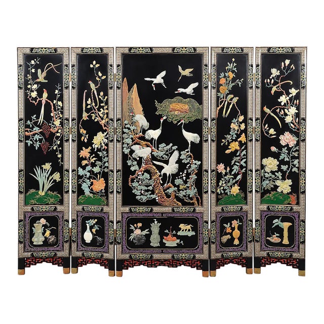 Vintage Chinese Five-Panel Black Lacquer Hardstone Inlaid Crane Room Divider Screen For Sale