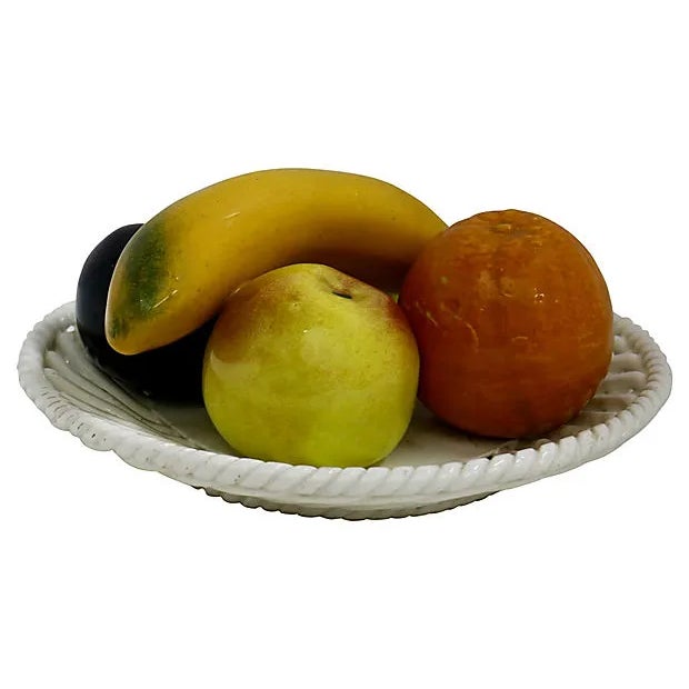 Midcentury Trompe L'oeil bowl of fruit. Fancy pierced edge. No maker's mark. Light wear.