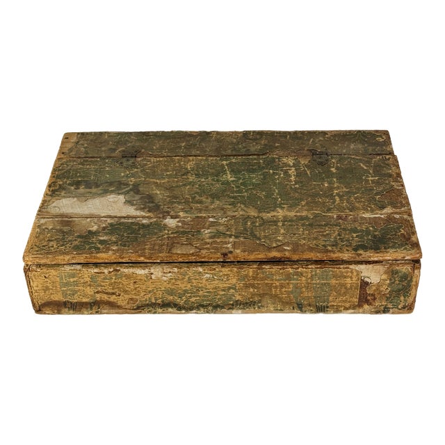 Antique Wood Cabinet/Cupboard With Old Decorative Paper Covering Surface For Sale