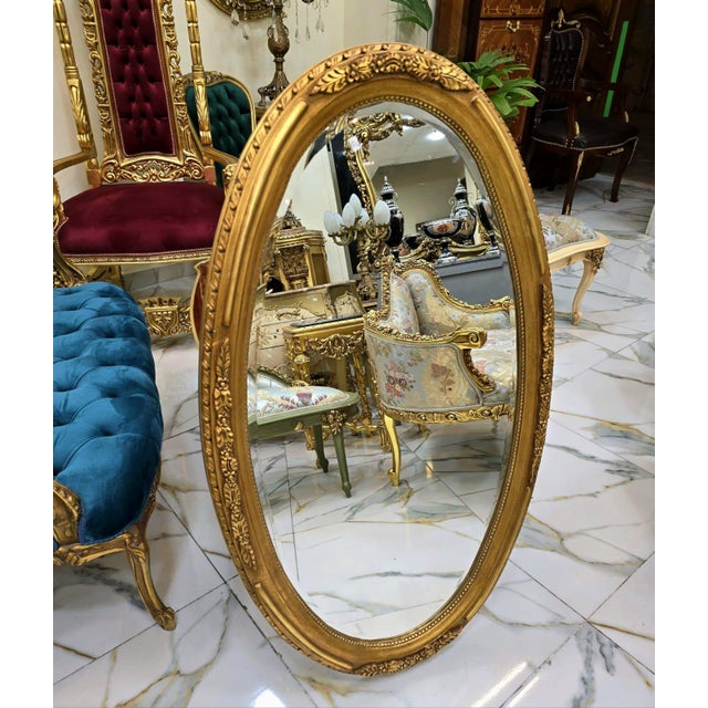 Oval Wall Mirror With Floral Center Detail & Gold Leaf Frame For Sale - Image 4 of 5