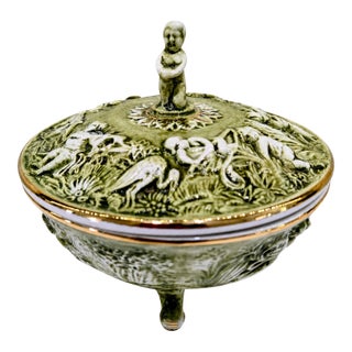 Vintage R. Capodimonte Italian Porcelain Covered Dish With Putti & Birds, Footed Green Gold Compote For Sale