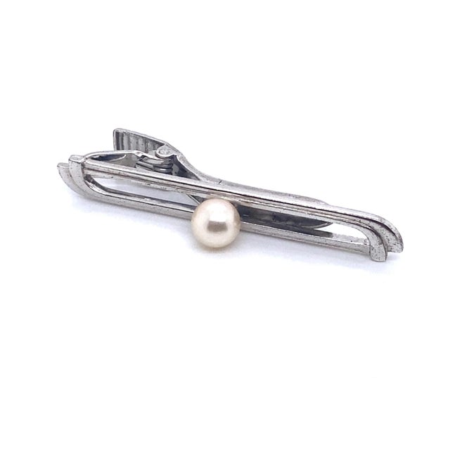 1990s Mikimoto Estate Akoya Pearl Tie Bar Sterling Silver 6.73 mm 5.91 Grams For Sale - Image 12 of 12