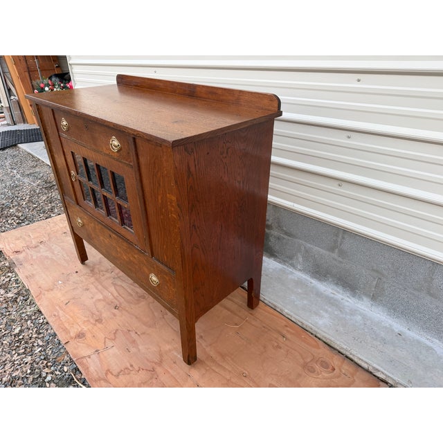Antique Arts & Crafts Oak Cabinet With Leaded Glass Door & Velvet Interior For Sale - Image 12 of 17