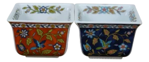 2 1980s Takahashi San Francisco Chinoiserie Silk Road Nut Dish Cache Pot Pair 2"