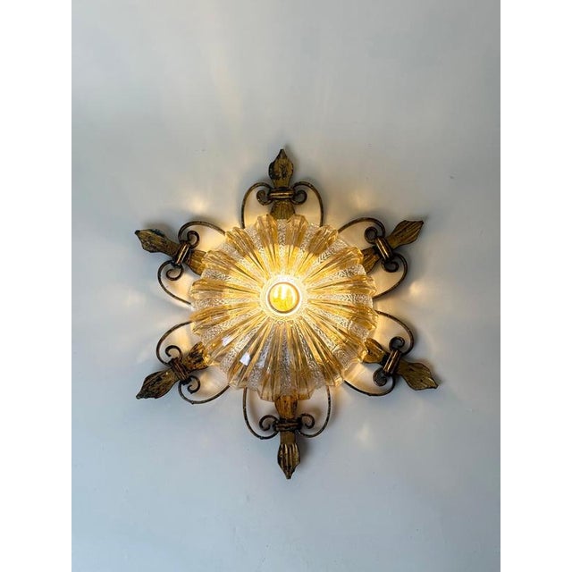 Hollywood Regency German Gilt Wrought Iron and Textured Glass Flush Mount, 1970s For Sale - Image 3 of 13