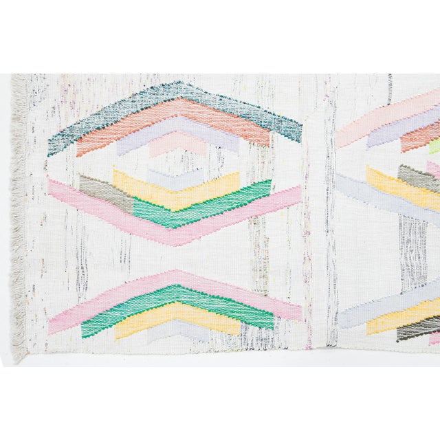 Gray Kilim Flatweave Beige Wool Rug With Modern Geometric Pattern For Sale - Image 8 of 10