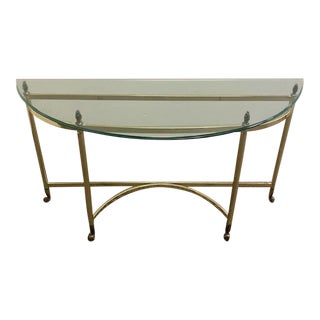 Mid-Century Modern Brass Profile Demi-Lune Glass Top Console Sofa Table For Sale