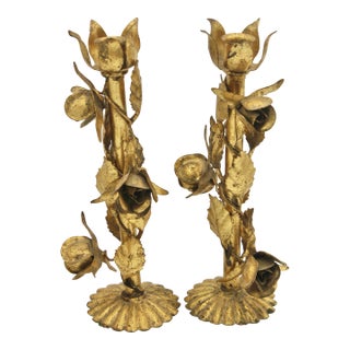Vintage Italian Gold Gilded Tole Candlesticks For Sale