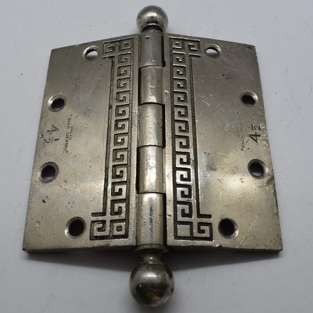 Greek Key Design Company Yale c. 1890-1910 Made with the alloy Nickel Silver Sold as a pair, 9 pairs available Patina...
