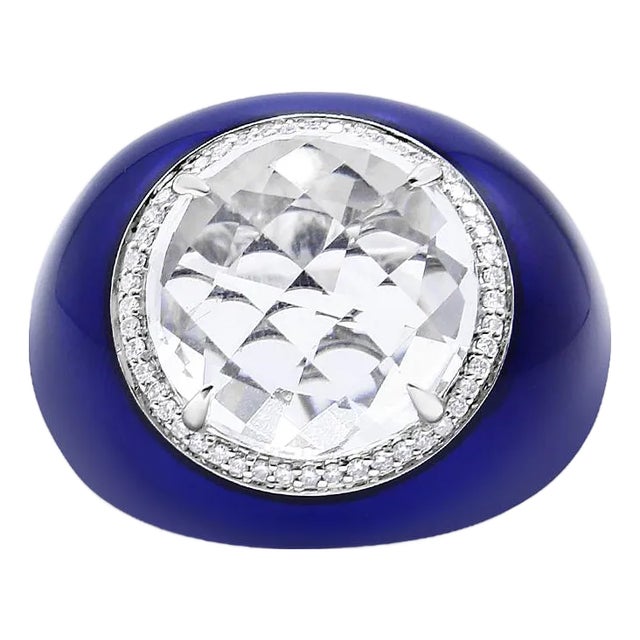18K White Gold 14mm White Quartz and 1/5 Cttw Diamond Halo with Blue Enamel Dome Ring (F-G Color, VS1-VS2 Clarity) - Ring - Size 7 For Sale