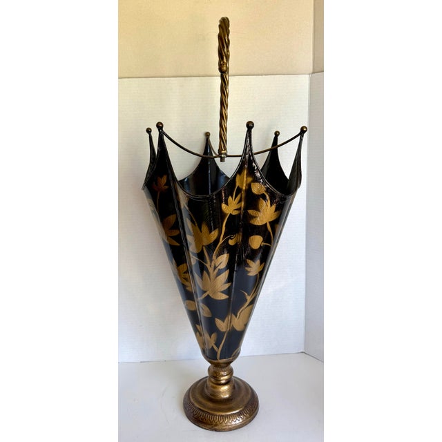 Black 1960s Italian Figurative Black & Gold Floral Tole Umbrella Stand For Sale - Image 8 of 12