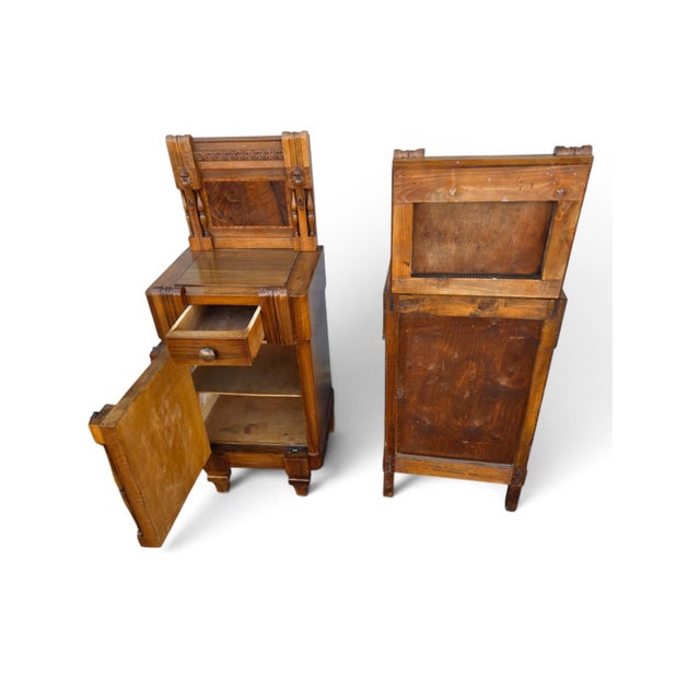 This 1930 Walnut Pair Nightstand is an original American Art Deco bedside cabinet that has been refurbished to perfection....