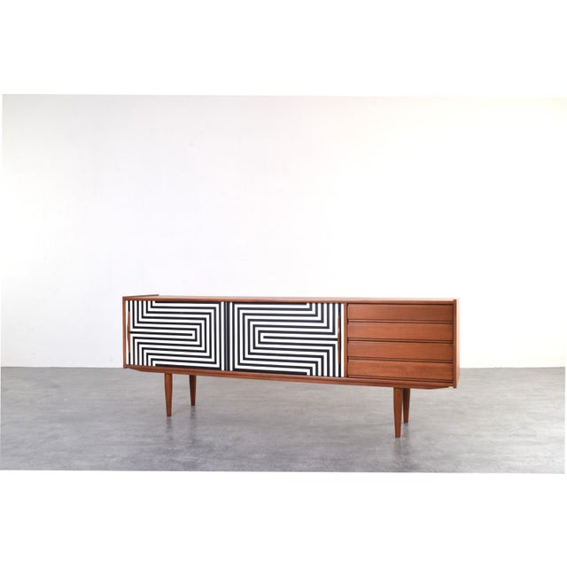 1960s Mid-Century Modern Op-Art Hand-Painted Teak Sideboard, 1960s For Sale - Image 5 of 17