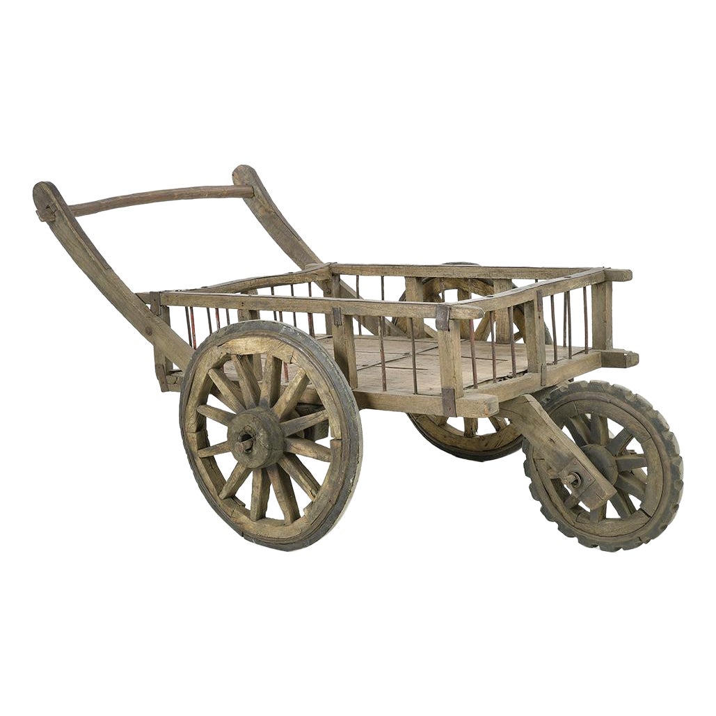 Weathered Wooden Cart with Three Wheels | Chairish