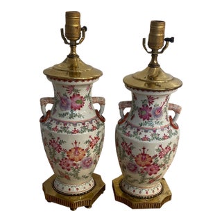 Vintage Chinese Export-Style Famille Rose Porcelain Vase Mounted Table Lamps - a Pair For Sale