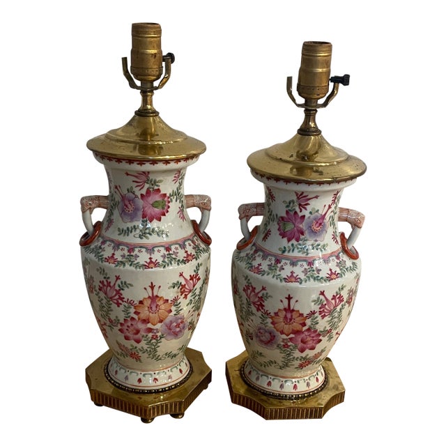Vintage Chinese Export-Style Famille Rose Porcelain Vase Mounted Table Lamps - a Pair For Sale