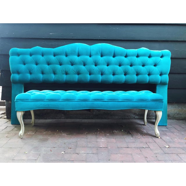 Vintage Neoclassical Turquoise Velvet And Gilt Wood King Tufted Headboard And Bench A Set Chairish