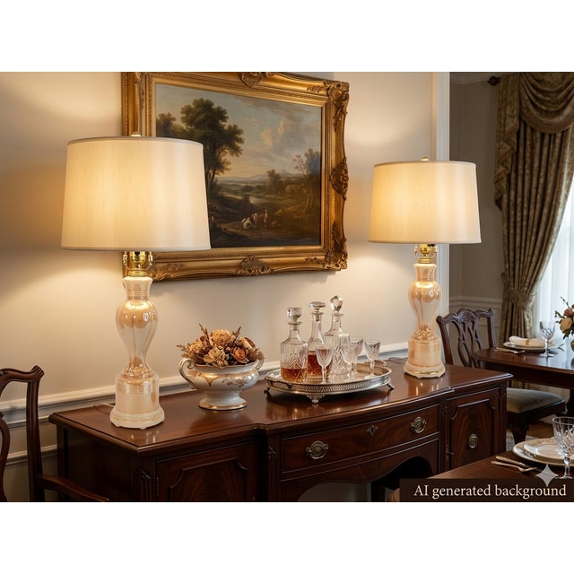 This rare matching pair of authentic Aladdin Alacite table lamps dates to 1949 and features the celebrated Model G311...