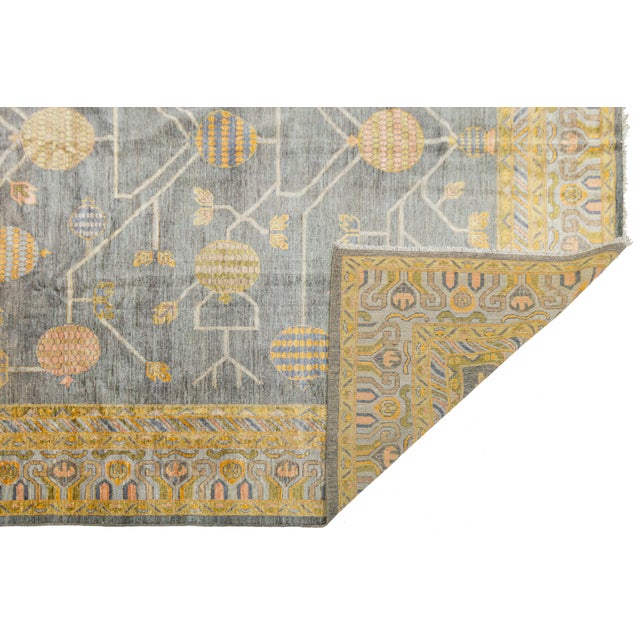 Modern Khotan-Style Pomegranate Tree Charcoal Wool Area Rug For Sale - Image 4 of 12