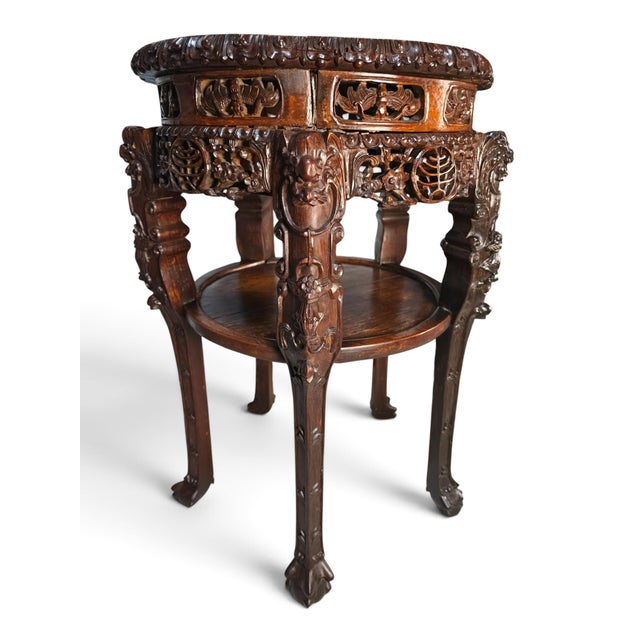 Companion Pair of Late Qing Dynasty–Early Republic Era Cantonese Carved Hardwood Marble-Top Stands For Sale - Image 9 of 14