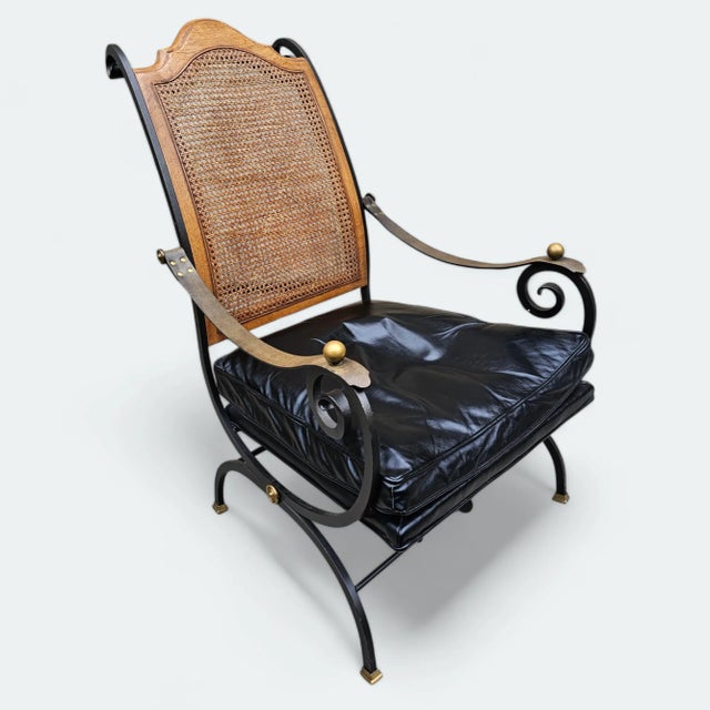 This Mid-Century Barcelona by Morganton Metal, Leather, and Cane Campaign-Style Lounge Chair is a one-of-a-kind seating...