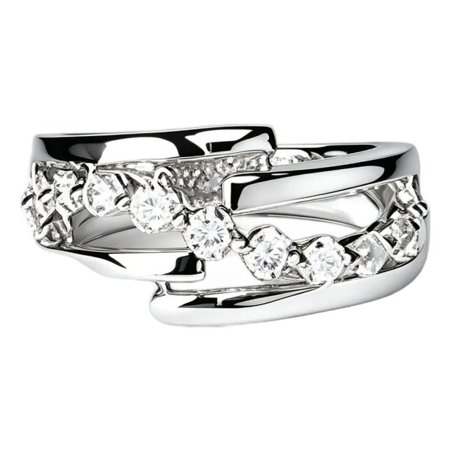 Late 20th Century Size 7 14K White Gold Swirl Diamond Wedding Band Ring Estate For Sale