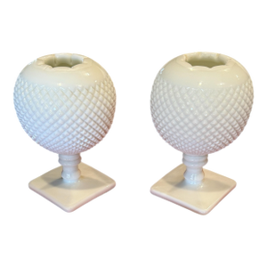 Vintage Westmoreland Milk Glass Hobnail Ivy Bowl Pedestal Vase Pair, 7"