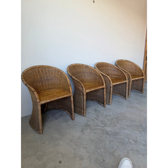 1970’s Vintage Coastal Organic Woven Wicker Barrel Back Dining Chairs – Set of 4 For Sale - Image 9 of 12