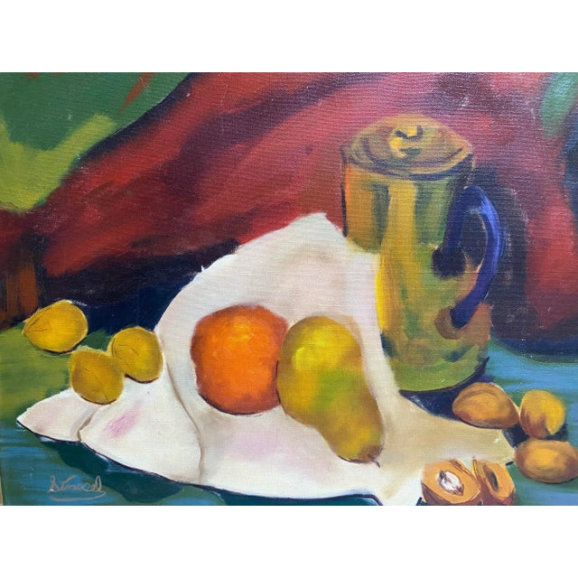 Mid-Century Modern 1960s Mid Century Colorful Fauvist Abstract Still Life Oil Painting by Strassel in Bamboo Frame For Sale - Image 3 of 10