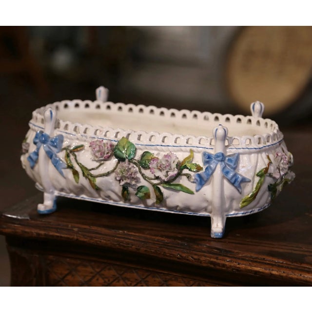 Late 19th Century 19th Century French Painted Porcelain Barbotine Jardiniere With Floral Motifs For Sale - Image 5 of 10