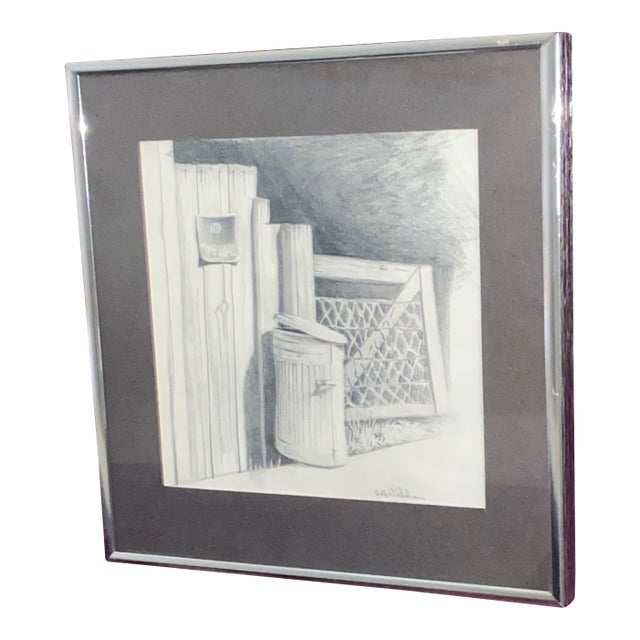 Mid 20th Century Jeff Nicholson Pencil Drawing of a Fence With a "No Trespassing" Sign and Trash Can For Sale