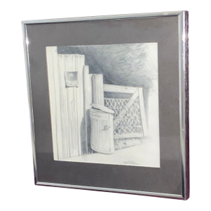 Mid 20th Century Jeff Nicholson Pencil Drawing of a Fence With a "No Trespassing" Sign and Trash Can