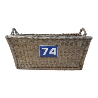 Rustic Primitive Farmhouse French Wicker Market Basket With Number Plate For Sale