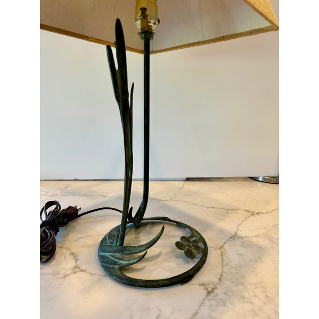 Vintage Art Deco Style Sculptural Patinated Green Bronze Cattail Lamp. For Sale - Image 9 of 9