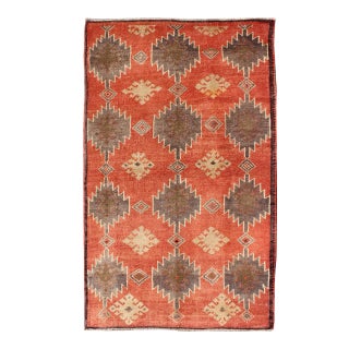 Turkish Vintage Tulu Rug With Geometric Medallions in Orange, Butter, Gray and Brown For Sale