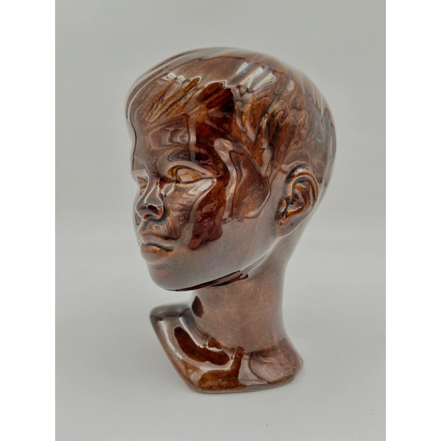 Brown 1970s Brown Glazed Ceramic Bust of a Boy For Sale - Image 8 of 12