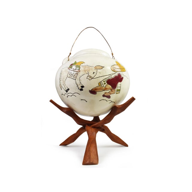 Vintage Handmade Hand-Painted Mexican Pottery Vessel Pot Vase on Wooden Tripod Base For Sale - Image 9 of 10