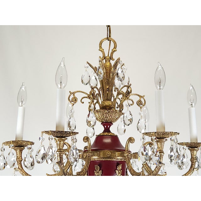 Antique 6 Light Shimmering Oxblood Empire Brass Cut Lead Crystal Chandelier ~ Rewired ~ Restored ~ Rejuvenated ~ Ready to Hang ~ For Sale - Image 10 of 12
