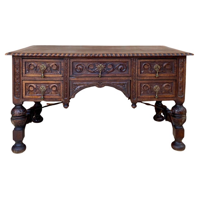 Wood 19th Century French Renaissance Hand Carved Desk or Writing Table with Carved St For Sale - Image 7 of 18