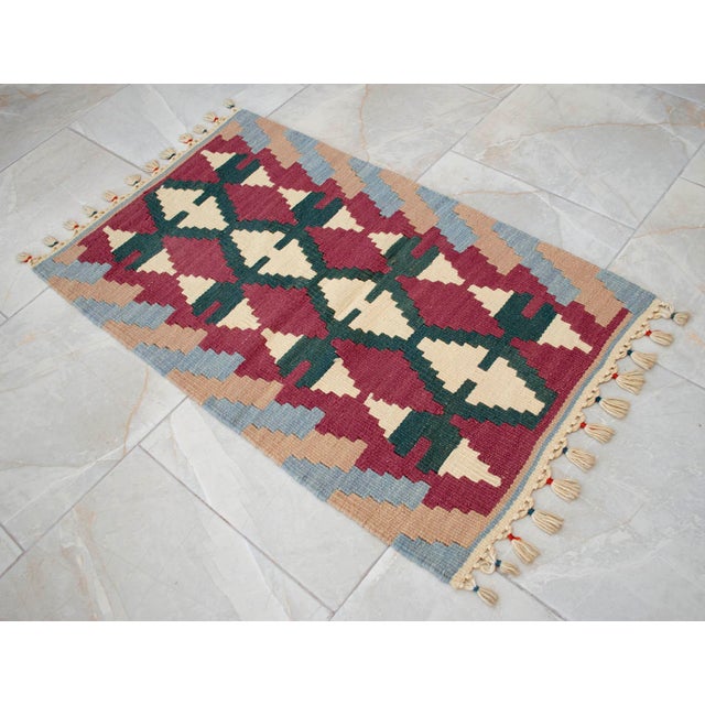 Ruby Red Hand Woven Colorful Kilim Small Rug For Sale - Image 8 of 12