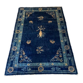 Antique 1920s Blue Handmade Chinese Wool Rug For Sale
