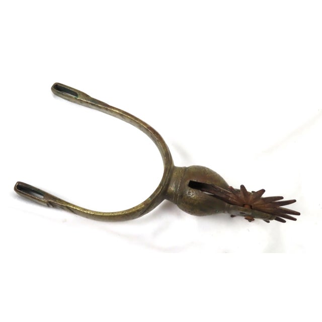Large Size Unusual Mid 19th Century Antique Solid Brass With Iron Rowels Single Riding Spur For Sale - Image 4 of 13