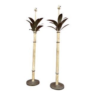 Tall Metal Palm Leaf Standing Floor Lamps With Cream Color Poles - a Pair For Sale