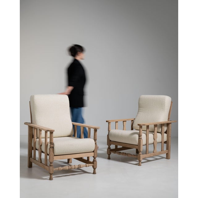 Wood Pair of French Oak Reclining Armchairs with Bouclé Upholstery, Antique, France, Circa 1940 For Sale - Image 7 of 17