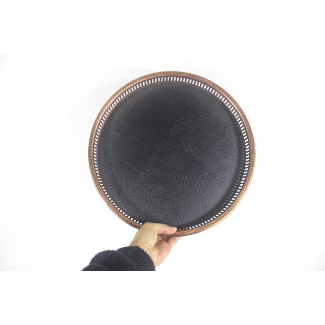 Vintage 13” Round Copper Gallery Tray, Danish Modern, Mid Century, Patina, Made in Usa Coppercraft Guild Mid Century Modern MCM Drinks For Sale - Image 4 of 9