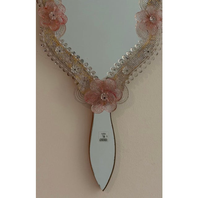 Pink 1980s Vetri Murano Art Glass Floral Hand Mirror-Form Wall Mirror For Sale - Image 8 of 12