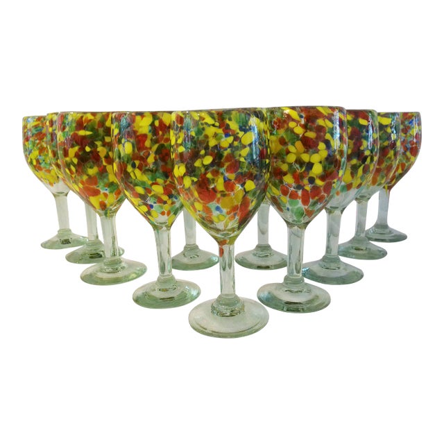 Vintage Mexican Hand Blown Confetti Glass Goblets, Set of 11 For Sale
